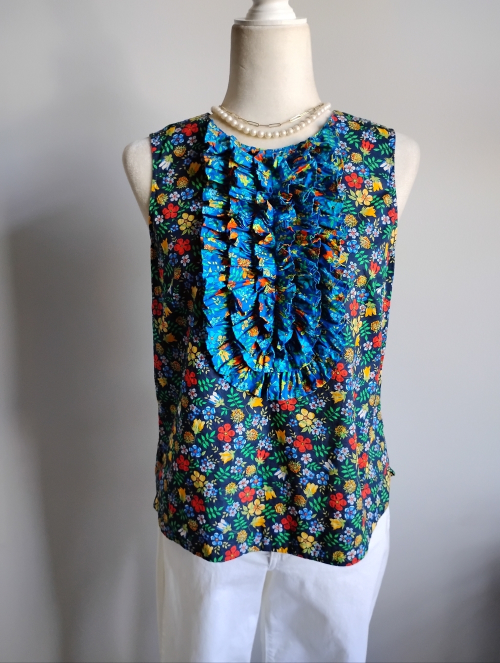 J. Crew Liberty Art Fabric Edenham Ruffle Blouse Navy Blue Floral Colorful Sz 4 - Picture 3 of 15